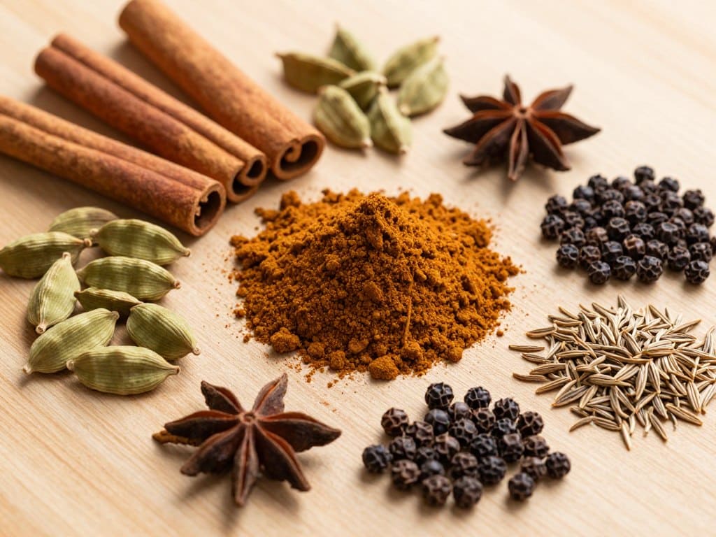 Garam Masala Gewürzmischung mit einzelnen Komponenten daneben arrangiert