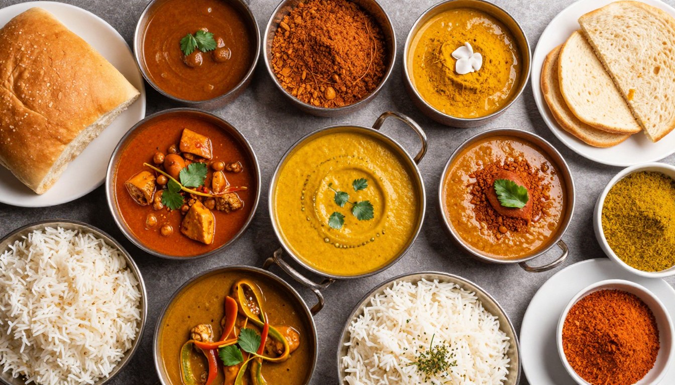 Auswahl verschiedener indischer Gerichte, serviert mit Garam Masala und Gewürzen