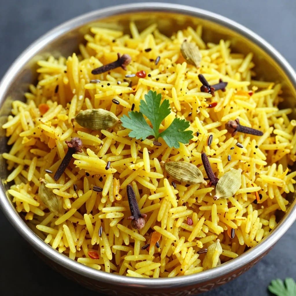 Gelber Reis mit Kreuzkümmel, Kardamom und Safran