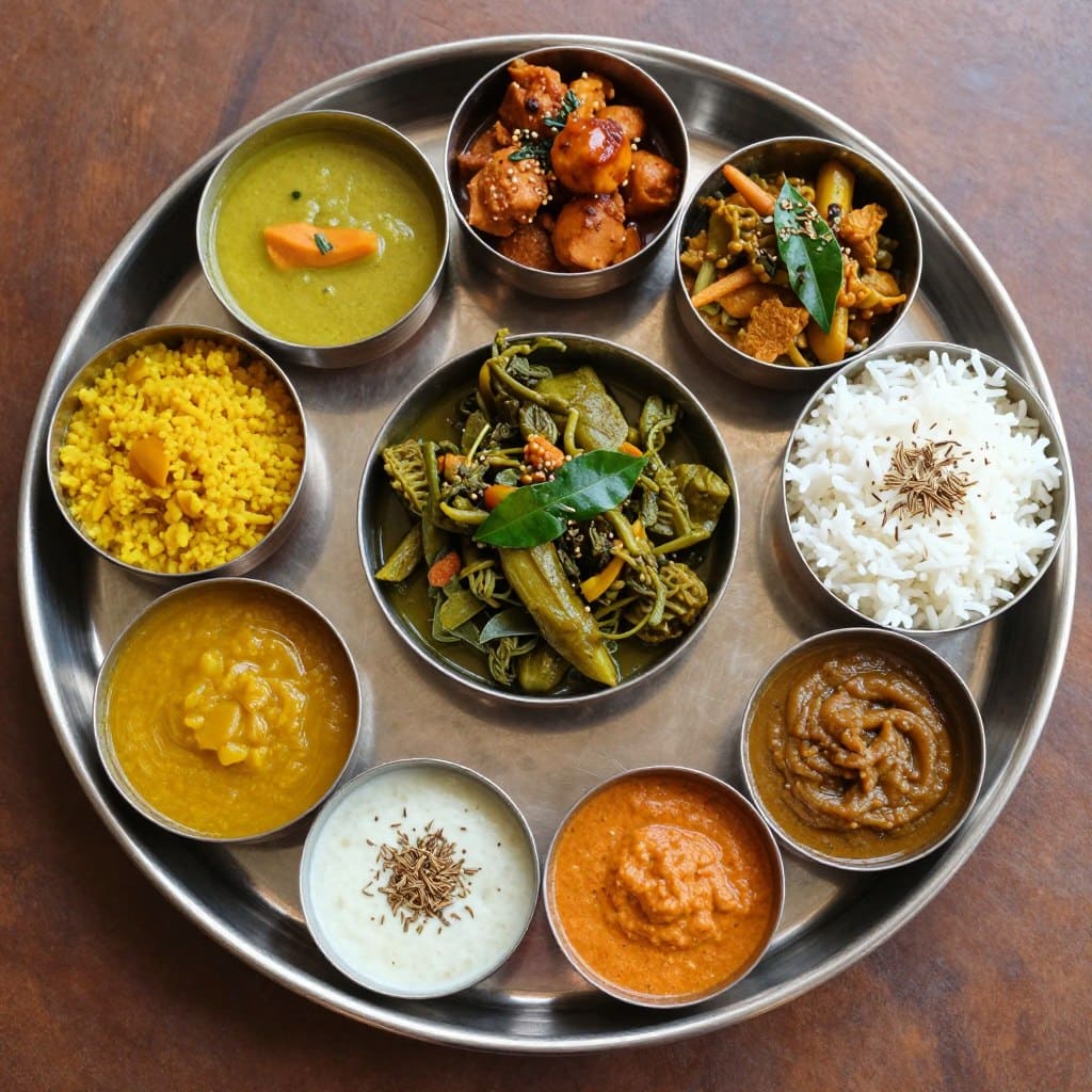 Gujarati Thali mit verschiedenen Gewürzgerichten