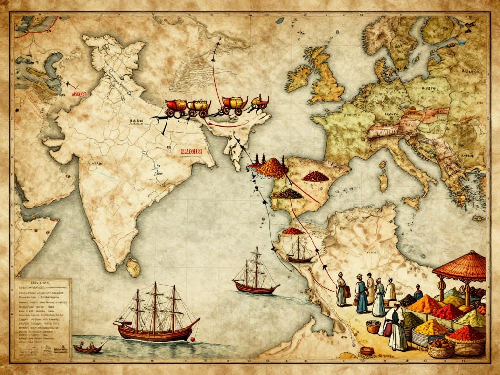 Historische Darstellung einer alten Gewürzroute mit Händlern und indischen Gewürzen