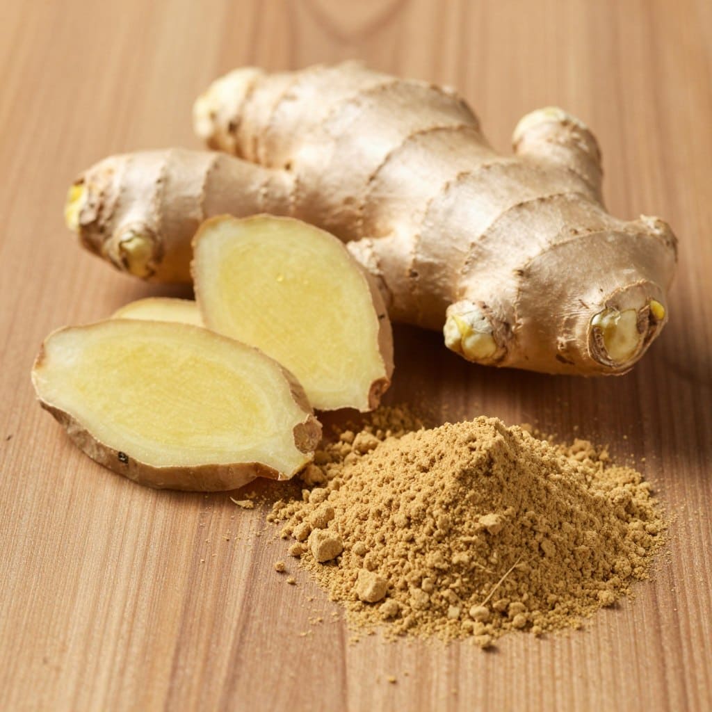 Frische Ingwerwurzel und gemahlener Ingwer auf Holzuntergrund