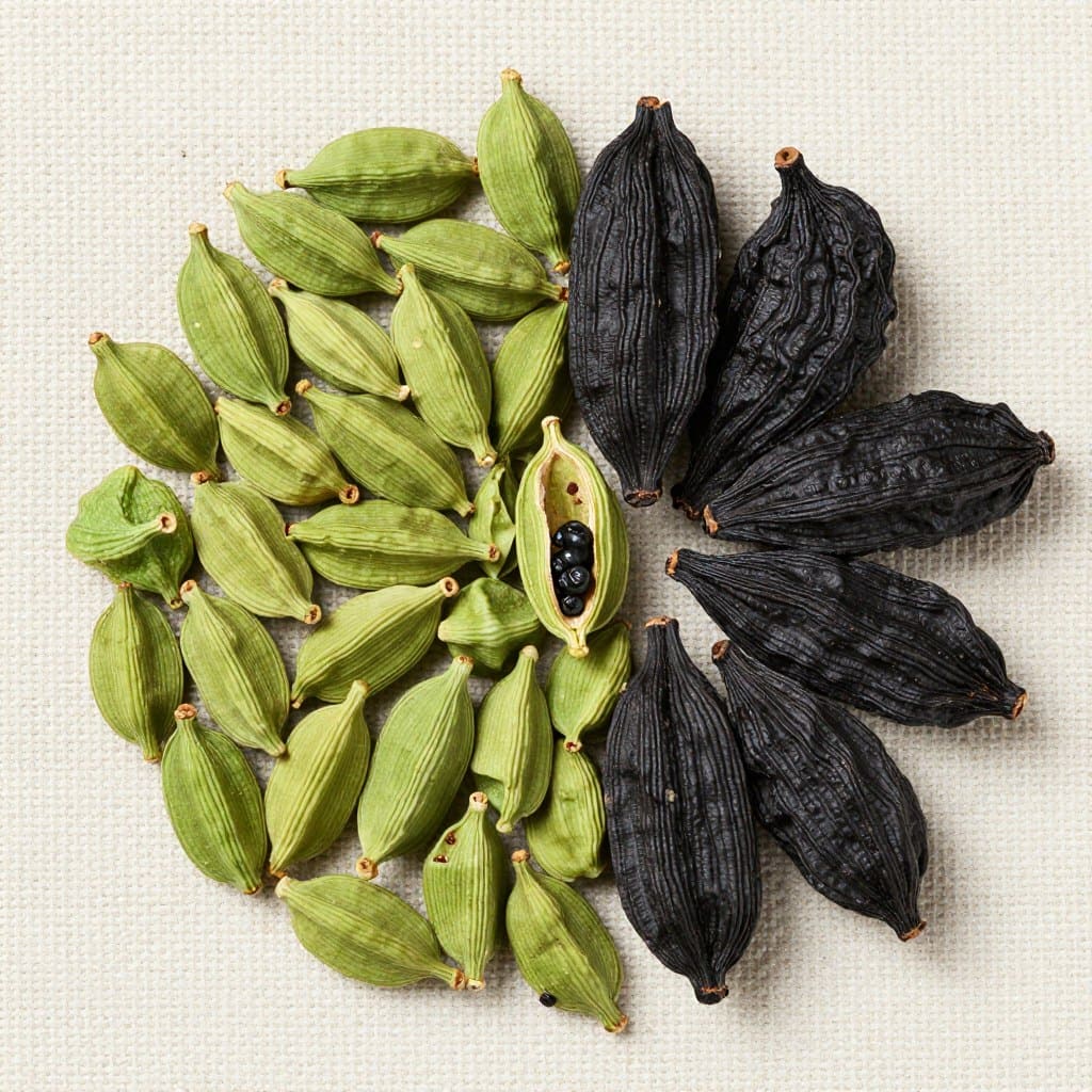 Grüne und schwarze Kardamomkapseln auf einem Stoffuntergrund