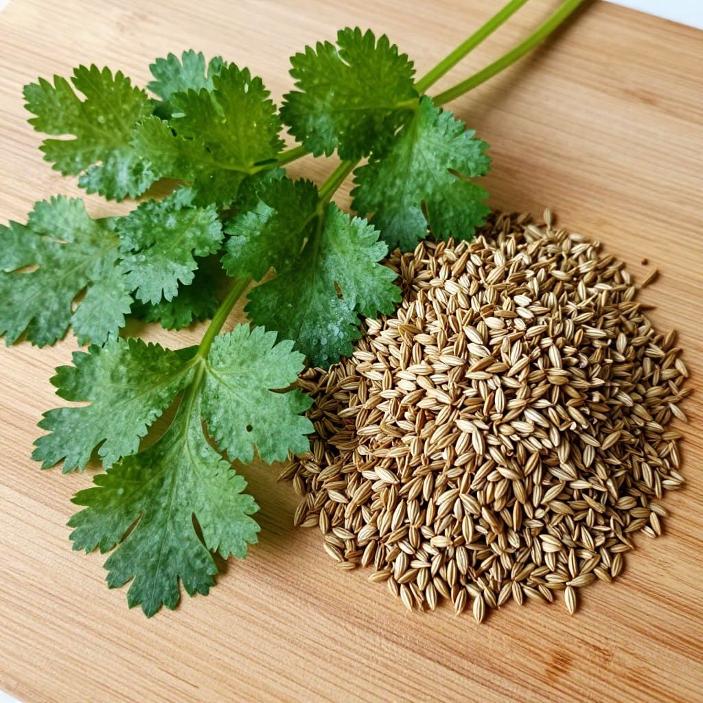 Korianderblätter und Koriandersamen nebeneinander auf Holzuntergrund