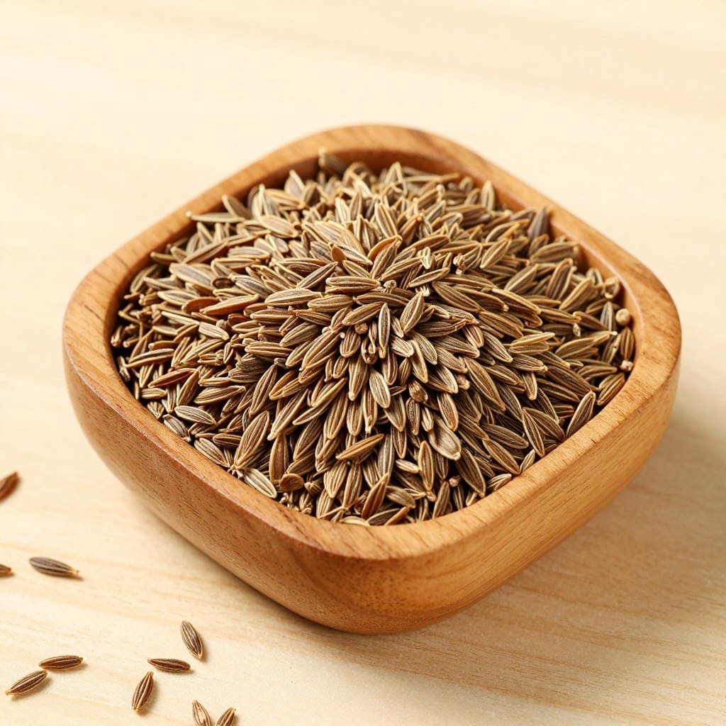 Kreuzkümmel-Samen in einer kleinen Holzschale mit einzelnen Samen verstreut
