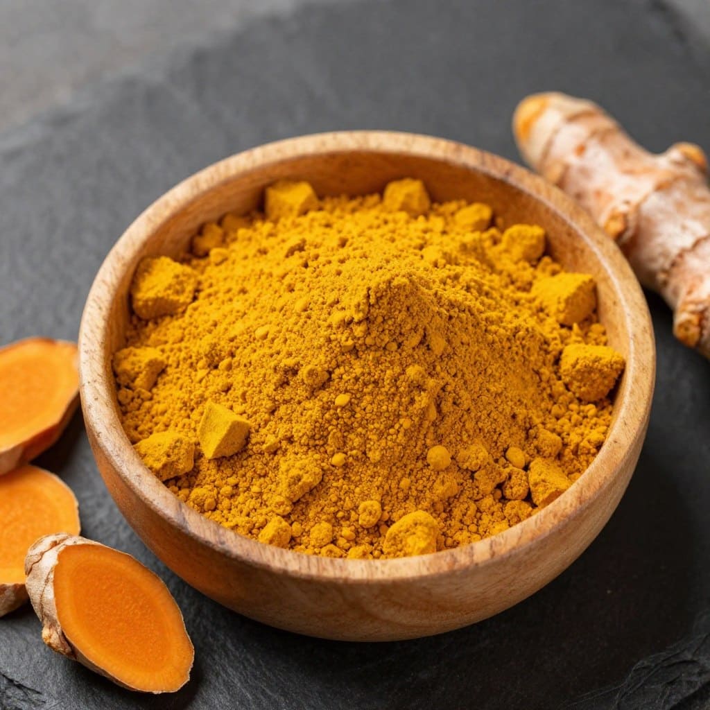 Kurkuma-Pulver und frische Kurkuma-Wurzel auf dunklem Hintergrund