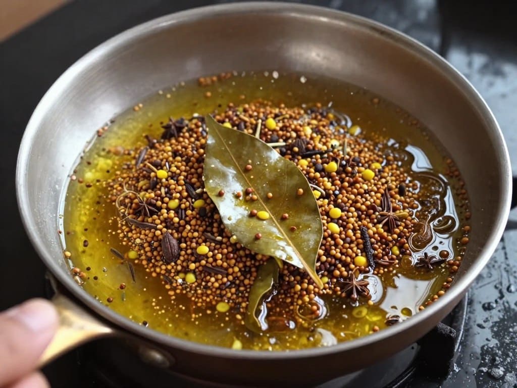 Tadka-Prozess mit Gewürzen in heißem Öl in einer kleinen Pfanne