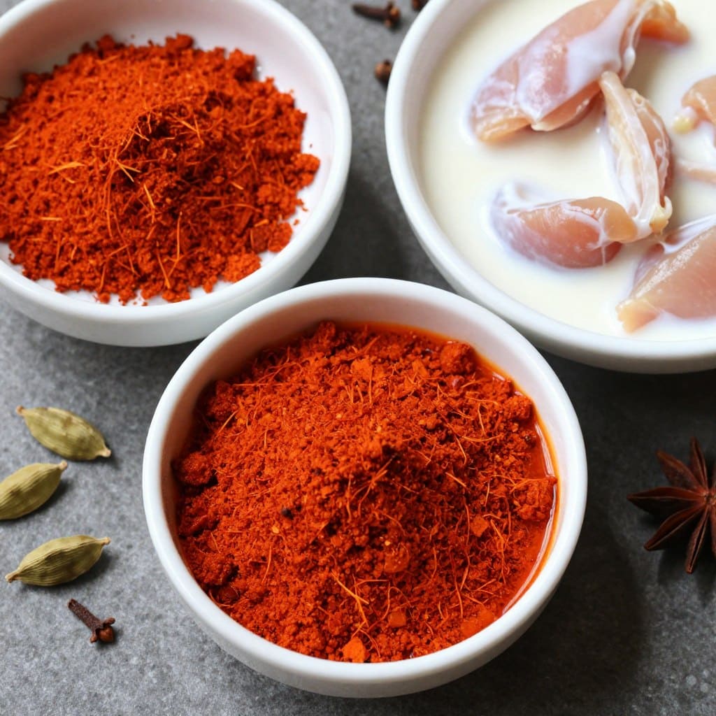 Rotes Tandoori Masala Pulver mit marinierten Hähnchenstücken