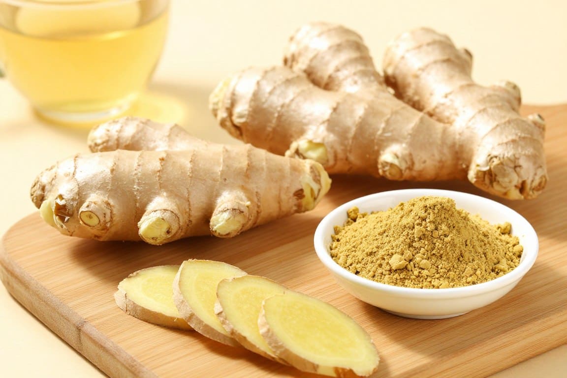 Frischer Ingwer, in Scheiben geschnitten, daneben Ingwerpulver auf einem Holzbrett