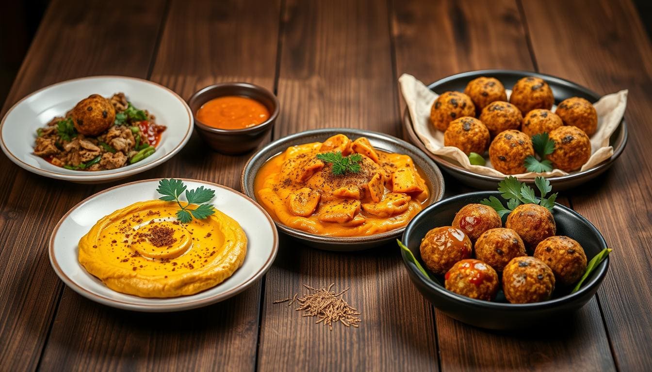 internationale-gerichte-mit-kreuzkuemmel.jpg Verschiedene internationale Gerichte mit Kreuzkümmel wie Hummus, Curry und Falafel