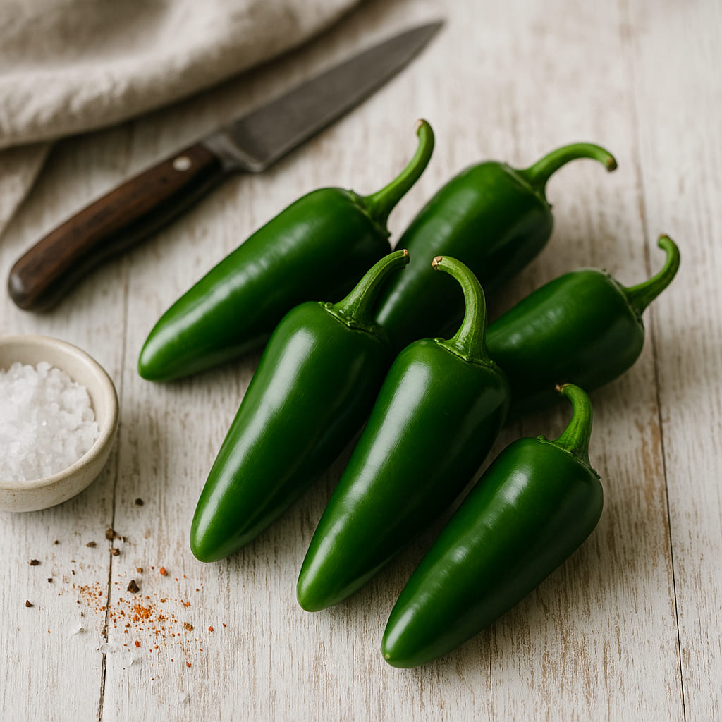 jalapeno-chili Frische grüne Jalapeño Chilis auf einem hellen Holztisch
