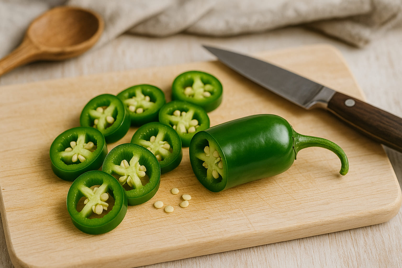 jalapeno-frisch Frisch geschnittene Jalapeño-Chilis auf einem Holzbrett