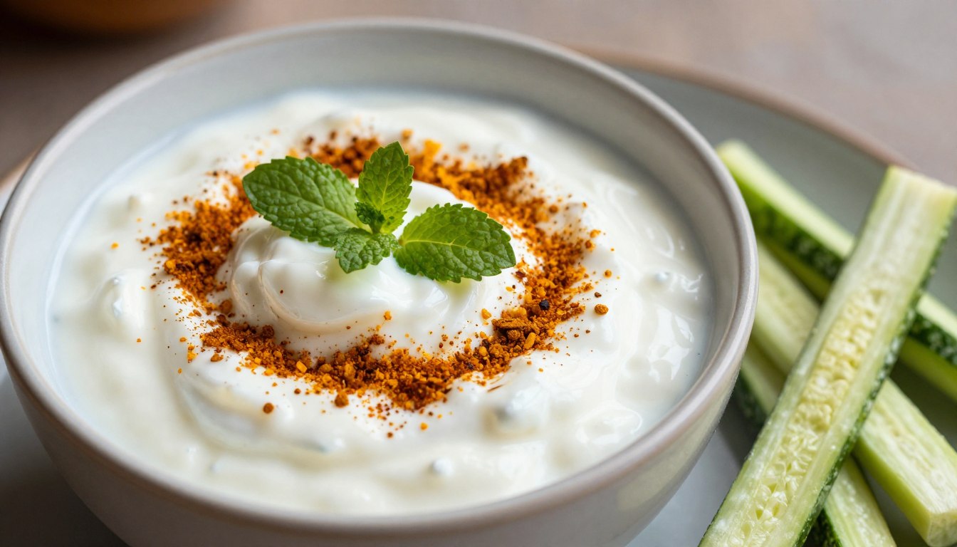 Cremiger Joghurt-Dip mit Gurke und einer Prise Garam Masala