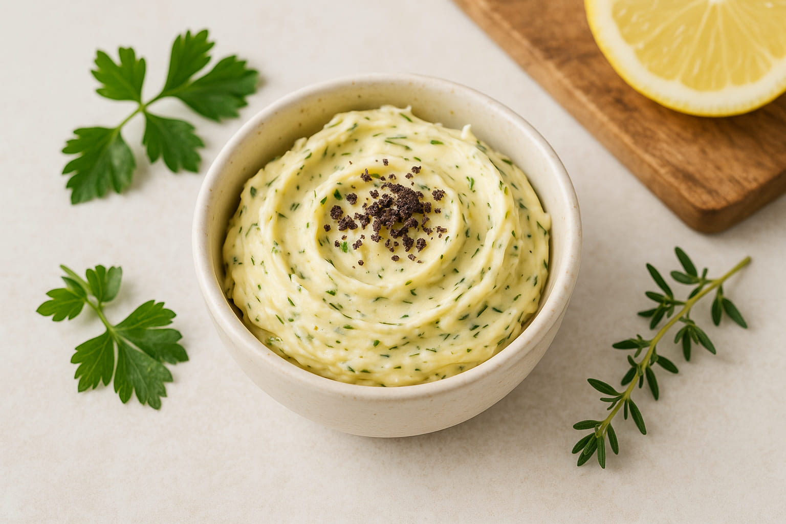 kala-namak-rezept Gewürzbutter mit schwarzem Salz verfeinert auf hellem Holz