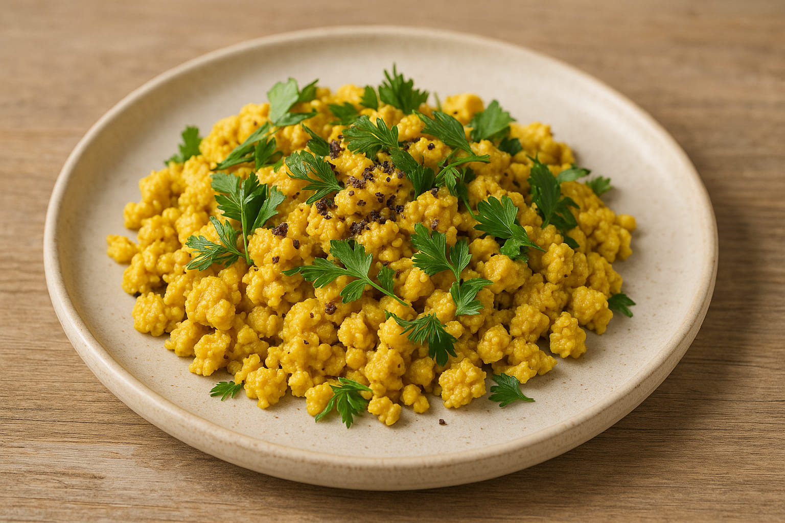 kala-namak-vegan Rührtofu mit Kala Namak und frischen Kräutern