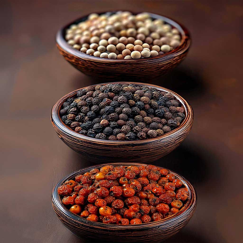 Kampot Pfefferkörner in einer hellen Keramikschale