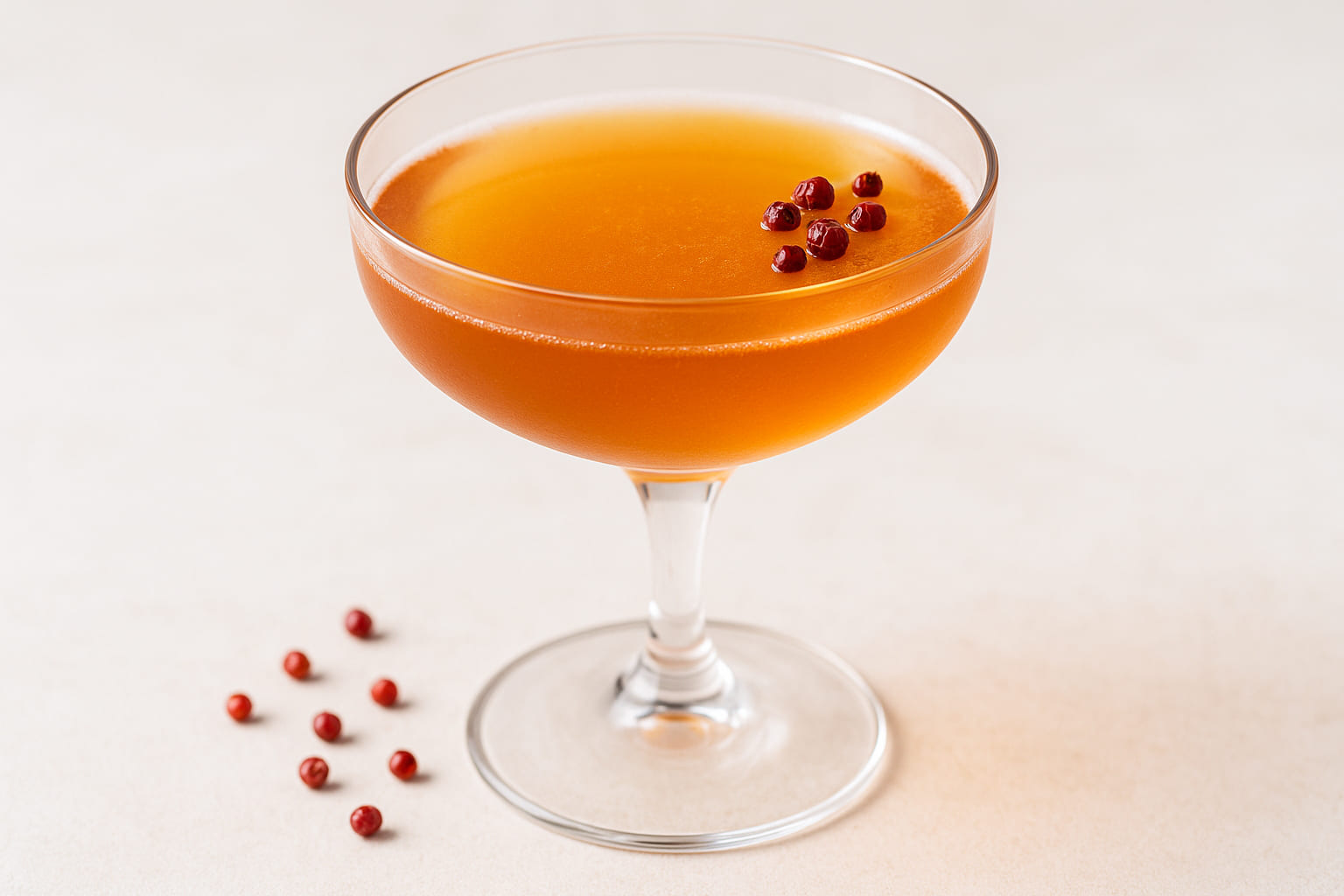 kampot-pfeffer-cocktail Cocktailglas mit rotem Kampot Pfeffer garniert