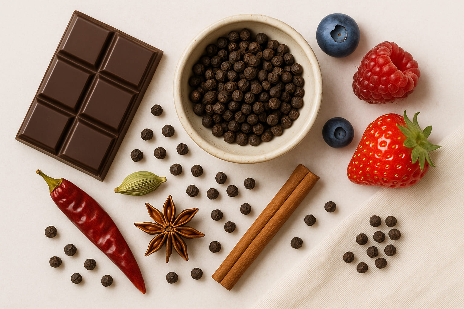 Kampot Pfeffer mit Schokolade, Früchten und Gewürzen kombiniert