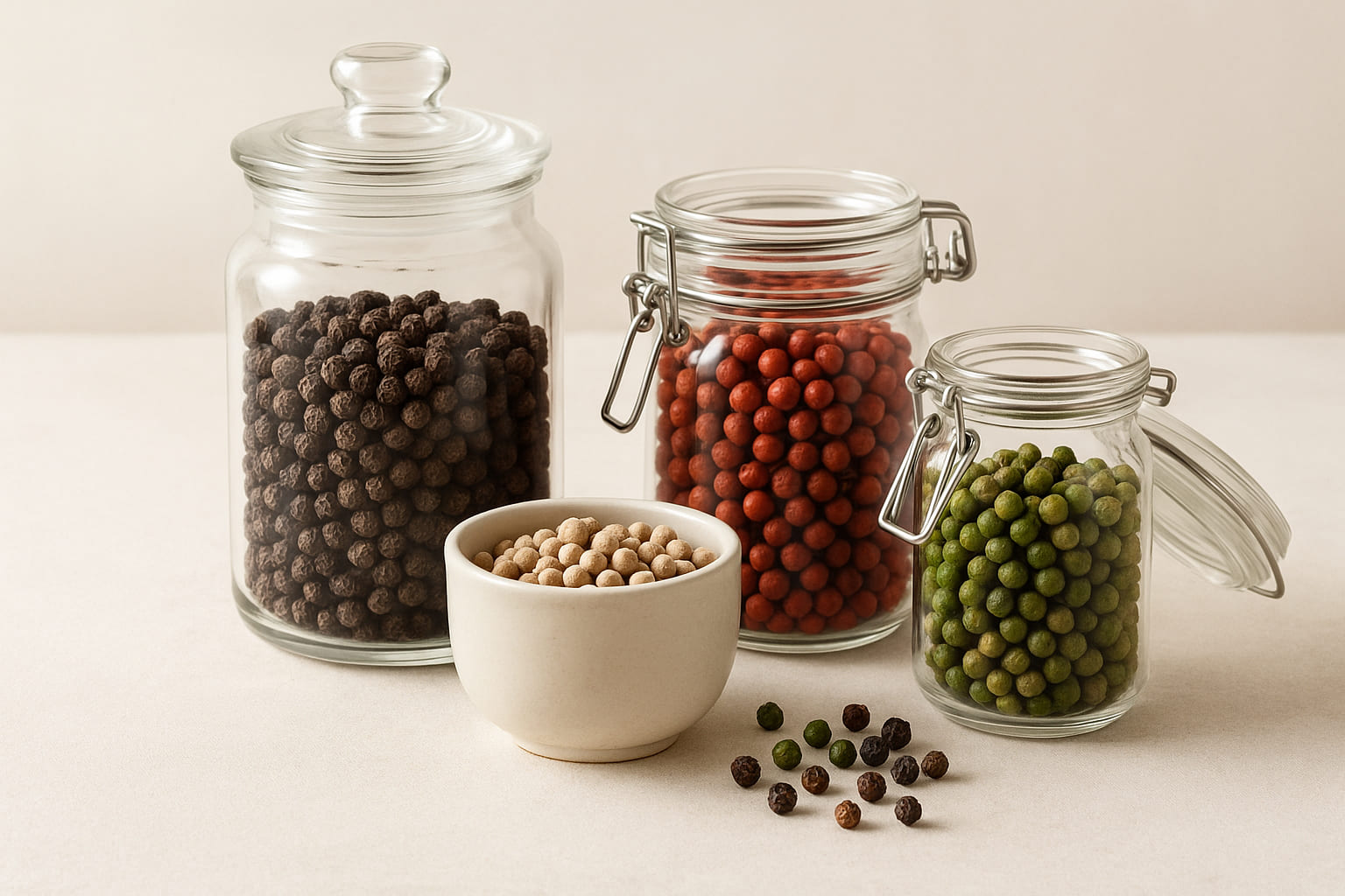 Kampot Pfeffer in Glasbehältern gelagert