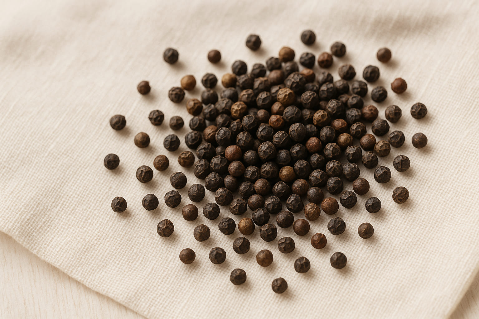 Handvoll Kampot Pfefferkörner auf hellem Stoff