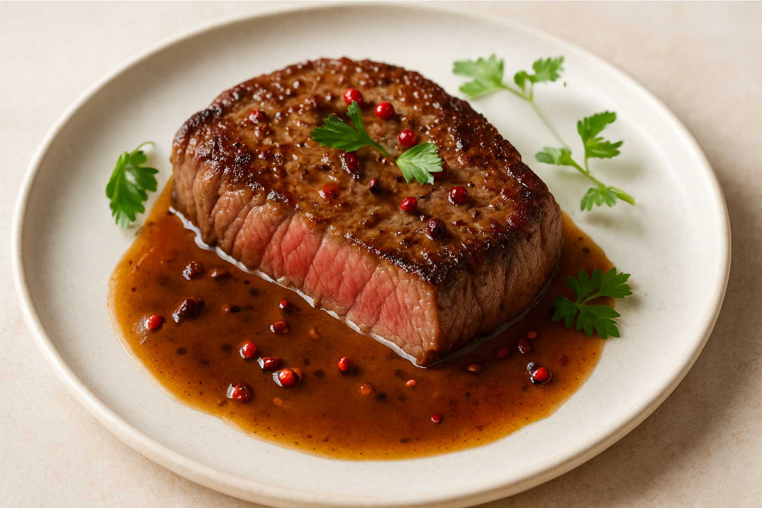 kampot-pfeffer-rezept Rinderfilet mit Kampot Pfeffer und Kakaojus auf Teller angerichtet