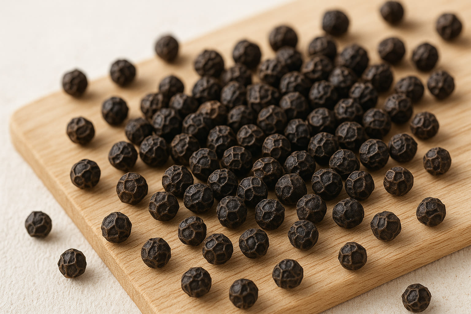 Schwarzer Kampot Pfeffer auf hellem Holz