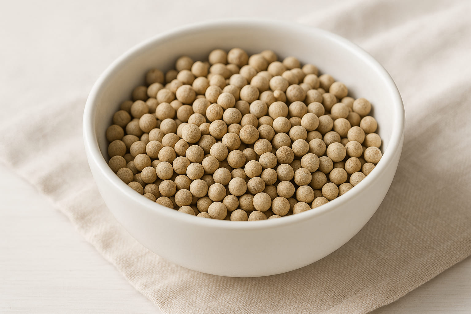 Weißer Kampot Pfeffer in einer Porzellanschale