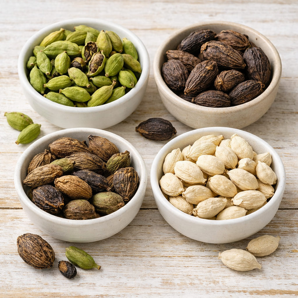 Verschiedene Kardamomarten in Schalen arrangiert