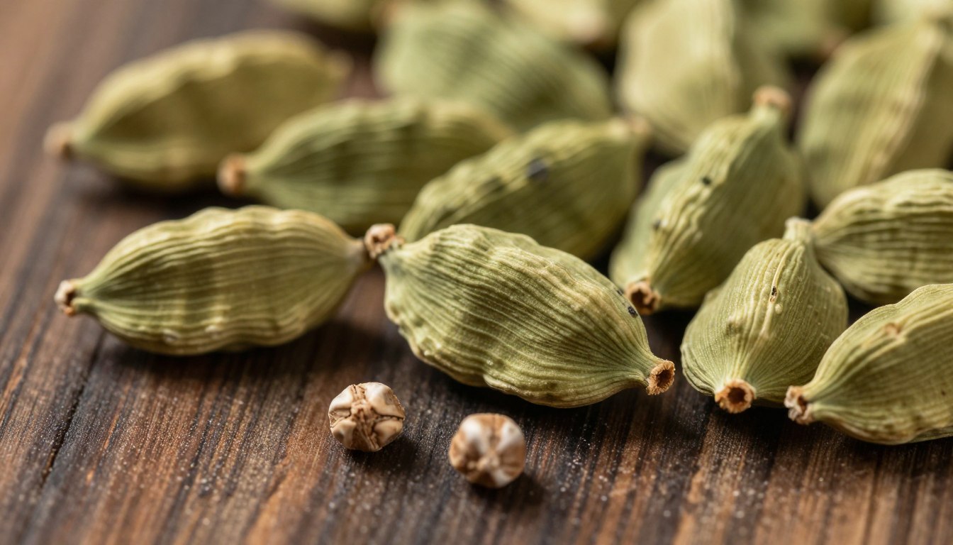 Grüne Kardamomkapseln und Kardamomsamen auf dunklem Hintergrund
