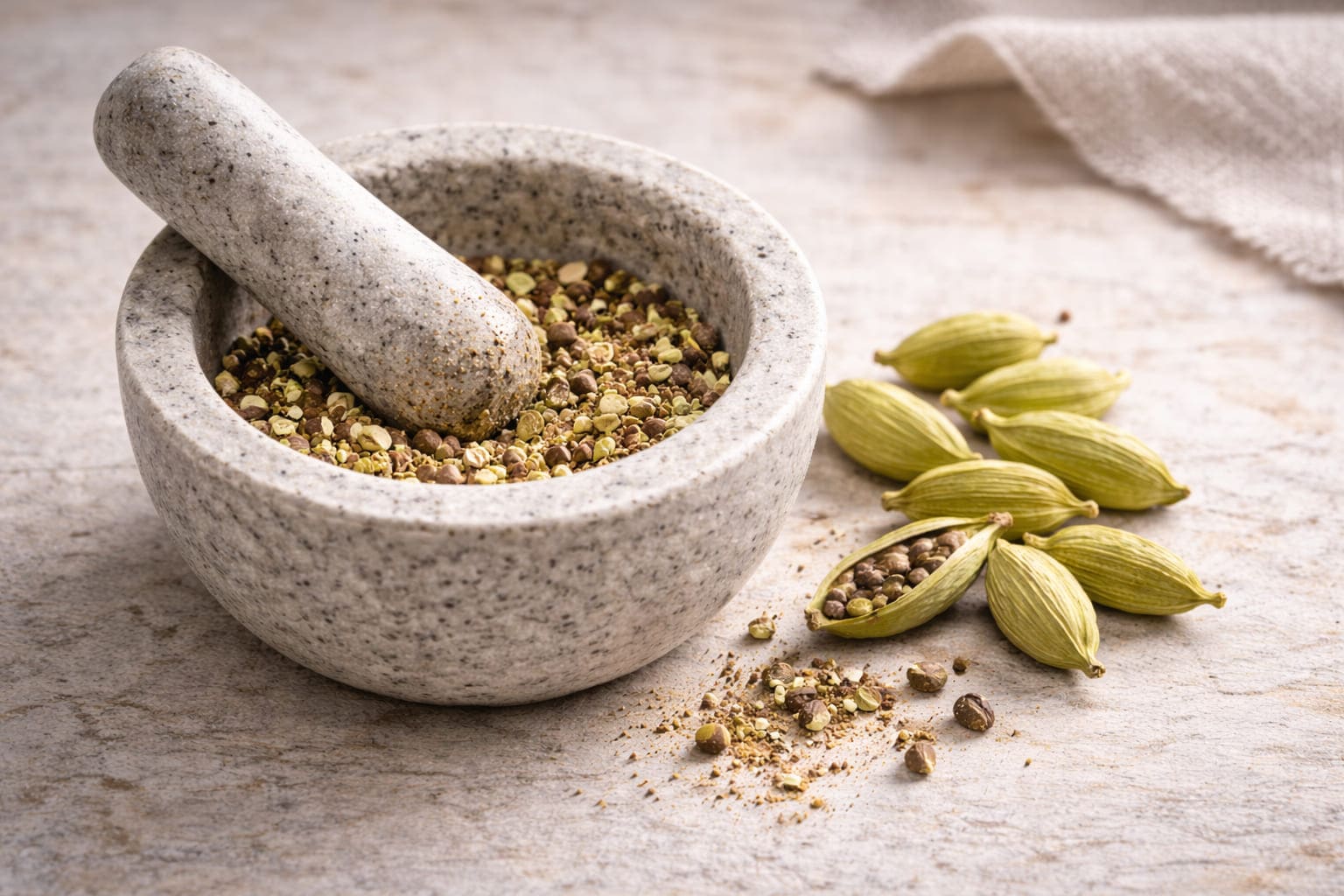 Kardamom wird im Mörser zerstoßen