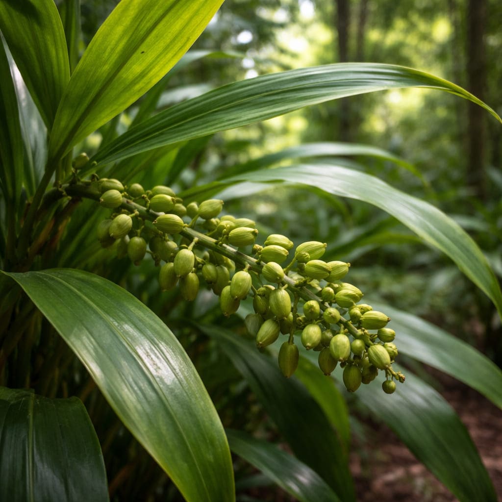 Kardamompflanze mit grünen Samenkapseln