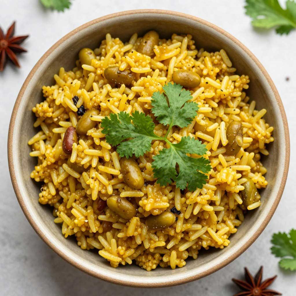 Kitchari - ayurvedisches Grundgericht mit Reis, Mungbohnen und Gewürzen