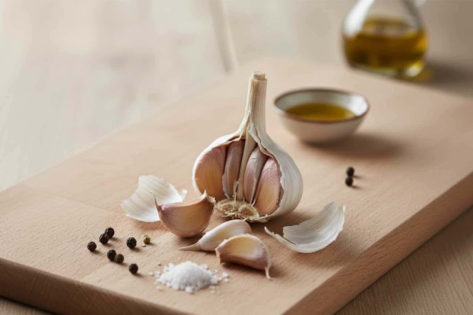 Frische Knoblauchzehen als Gewürz für Schweinsbraten