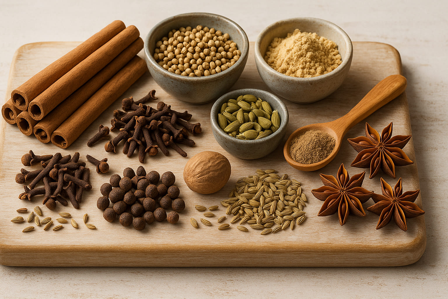 Alle klassischen Lebkuchengewürze zusammen auf einem Holzbrett stilvoll arrangiert.