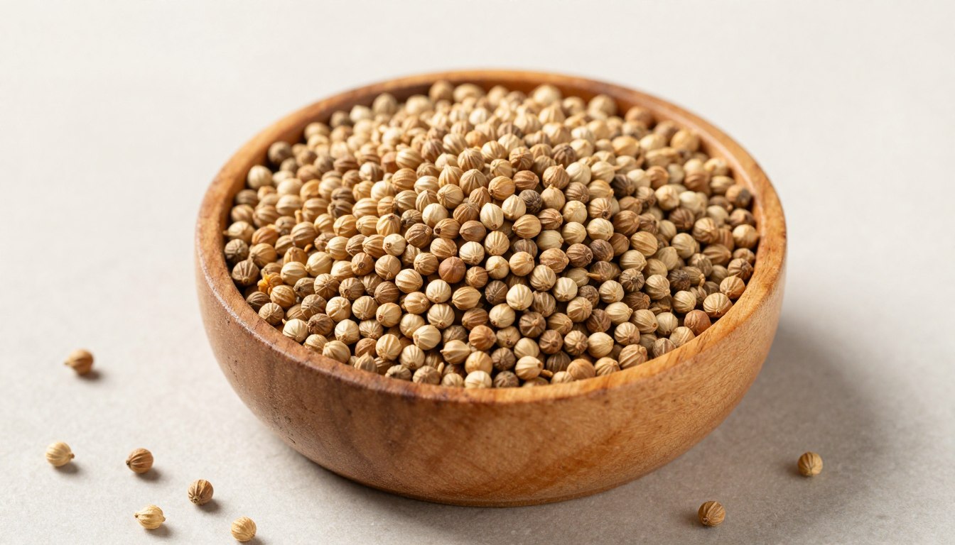 Koriandersamen in Nahaufnahme als milde Basiszutat für Garam Masala