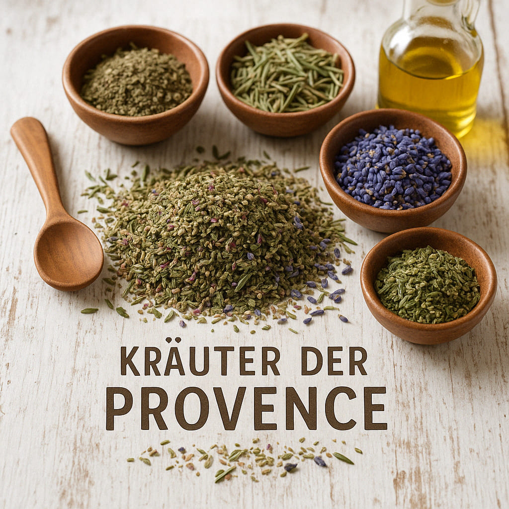 Getrocknete Kräuter der Provence auf rustikalem Holztisch mit Gewürzschalen