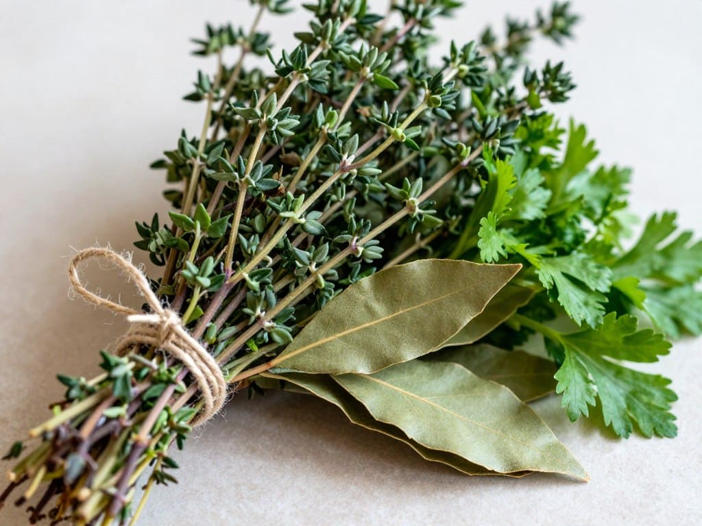 Bouquet Garni aus Thymian, Lorbeer und Petersilie