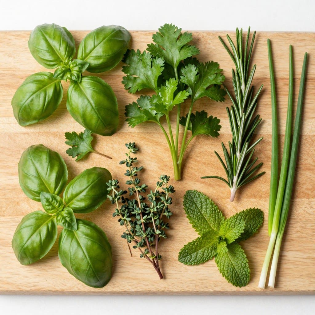 Verschiedene frische Küchenkräuter auf einem Holzbrett