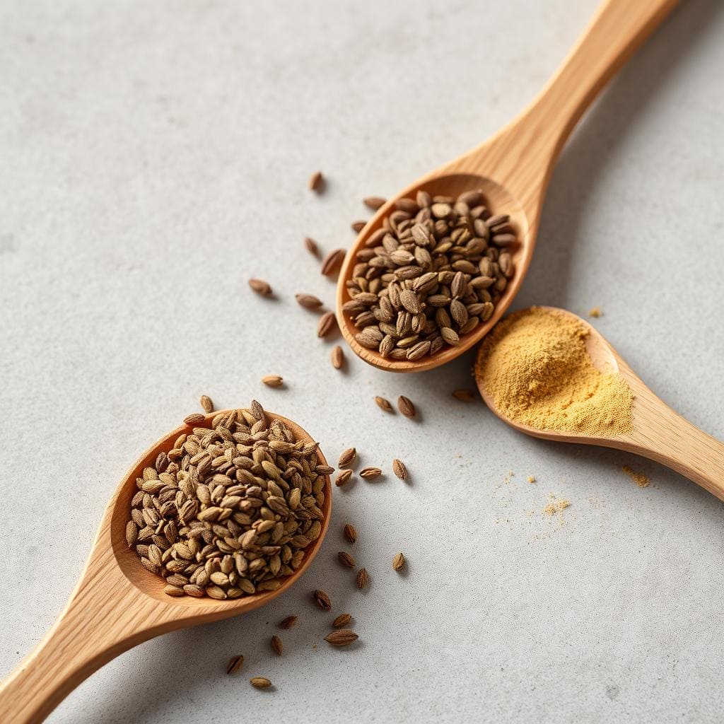 Kreuzkümmel Samen und gemahlenes Pulver auf Holzlöffeln