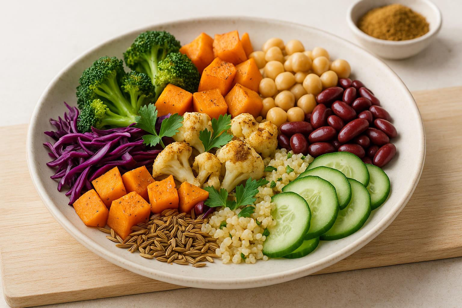 kreuzkuemmel-trend Moderne vegane Bowl mit Kreuzkümmel gewürzt