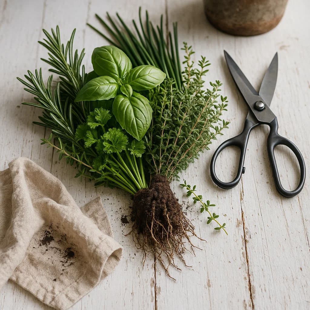 kuechenkraeuter-garten Frisch geerntete Küchenkräuter auf einem weißen Holzbrett mit Gartenschere
