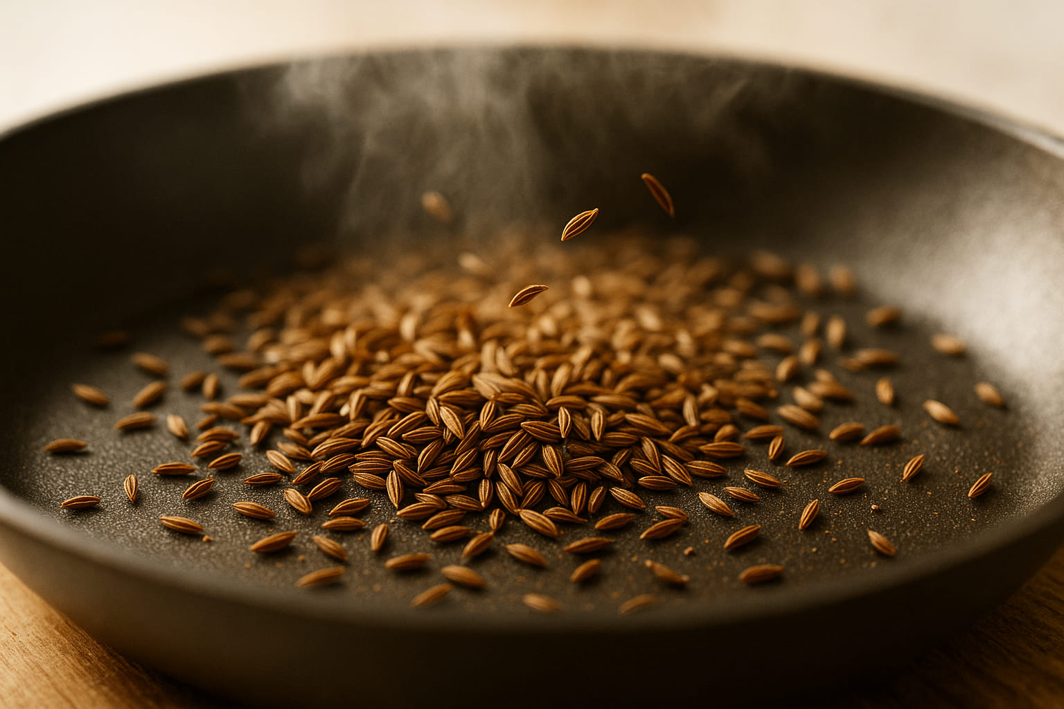Kümmelsamen werden in einer Pfanne angeröstet