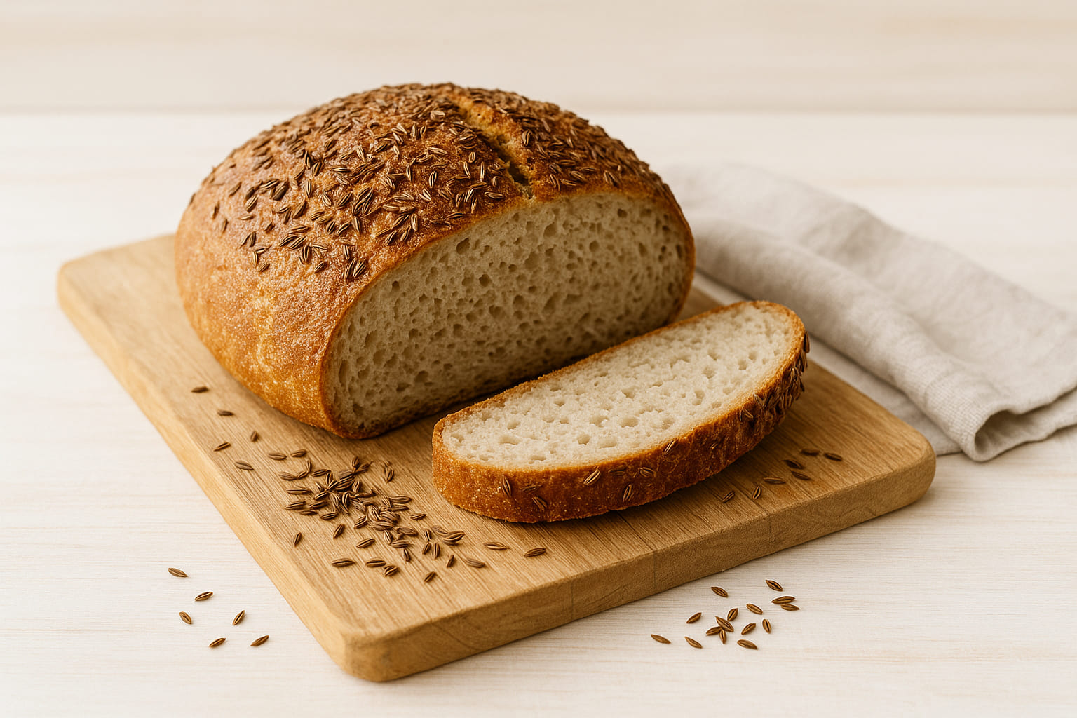 Bauernbrot mit Kümmelkruste auf Holzbrett
