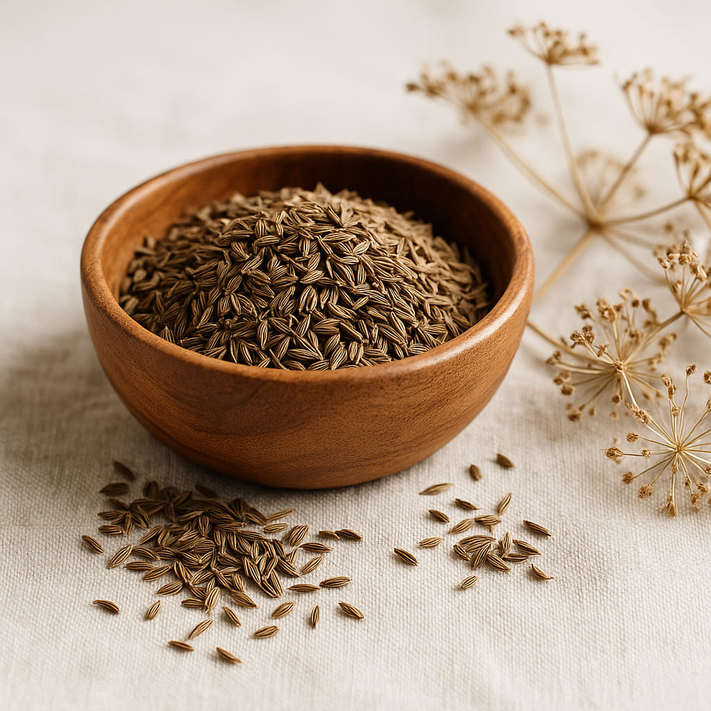 Kümmelsamen in einer Holzschale, daneben getrocknete Dolden