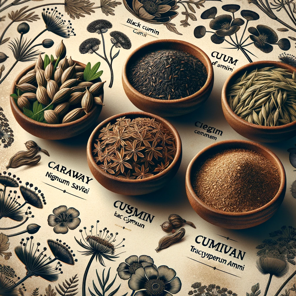 Vier Schalen mit verschiedenen Kümmelarten: Echter Kümmel (Carum carvi), Schwarzkümmel (Nigella sativa), Kreuzkümmel (Cuminum cyminum) und Ajowan (Trachyspermum ammi). Jede Schale ist beschriftet, und im Hintergrund sind stilisierte Illustrationen der jeweiligen Pflanzen zu sehen.