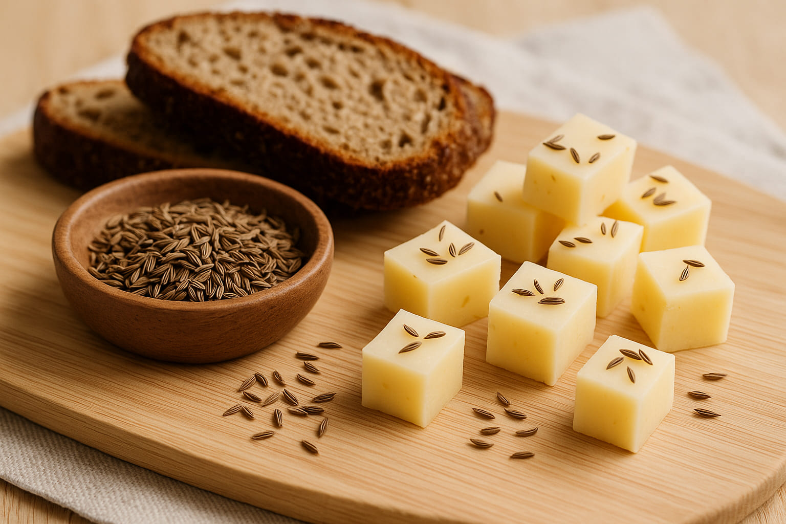 Kümmel mit Käse und Brot angerichtet