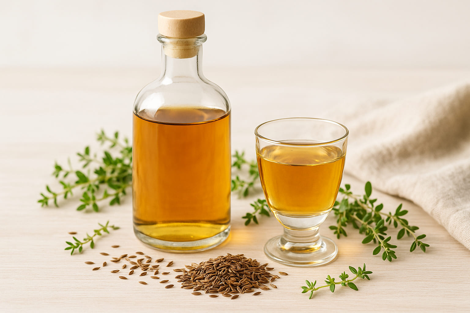 Kümmellikör in Glasflasche, daneben Samen und Kräuter