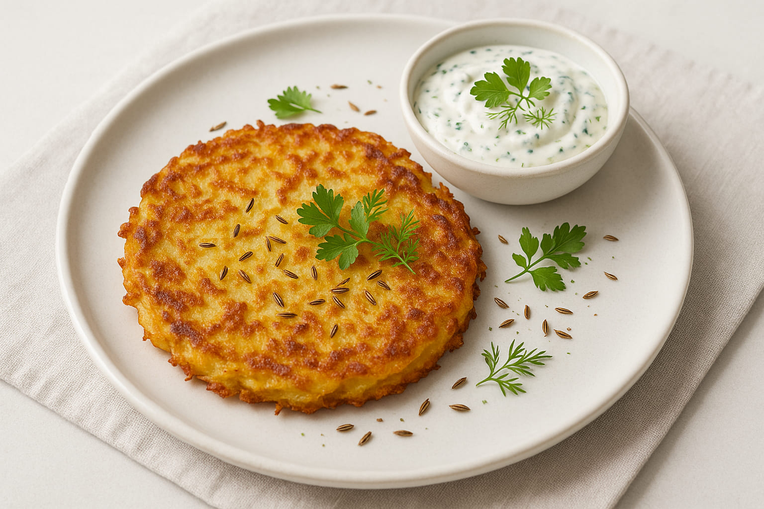 Kümmel-Kartoffelrösti auf Teller mit Kräuterquark