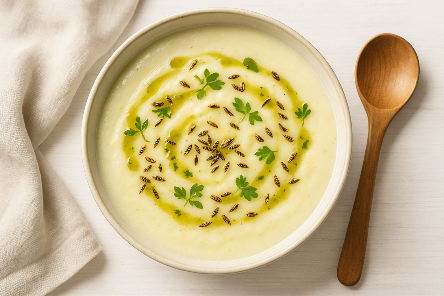 Cremige Suppe mit Kümmelöl verfeinert