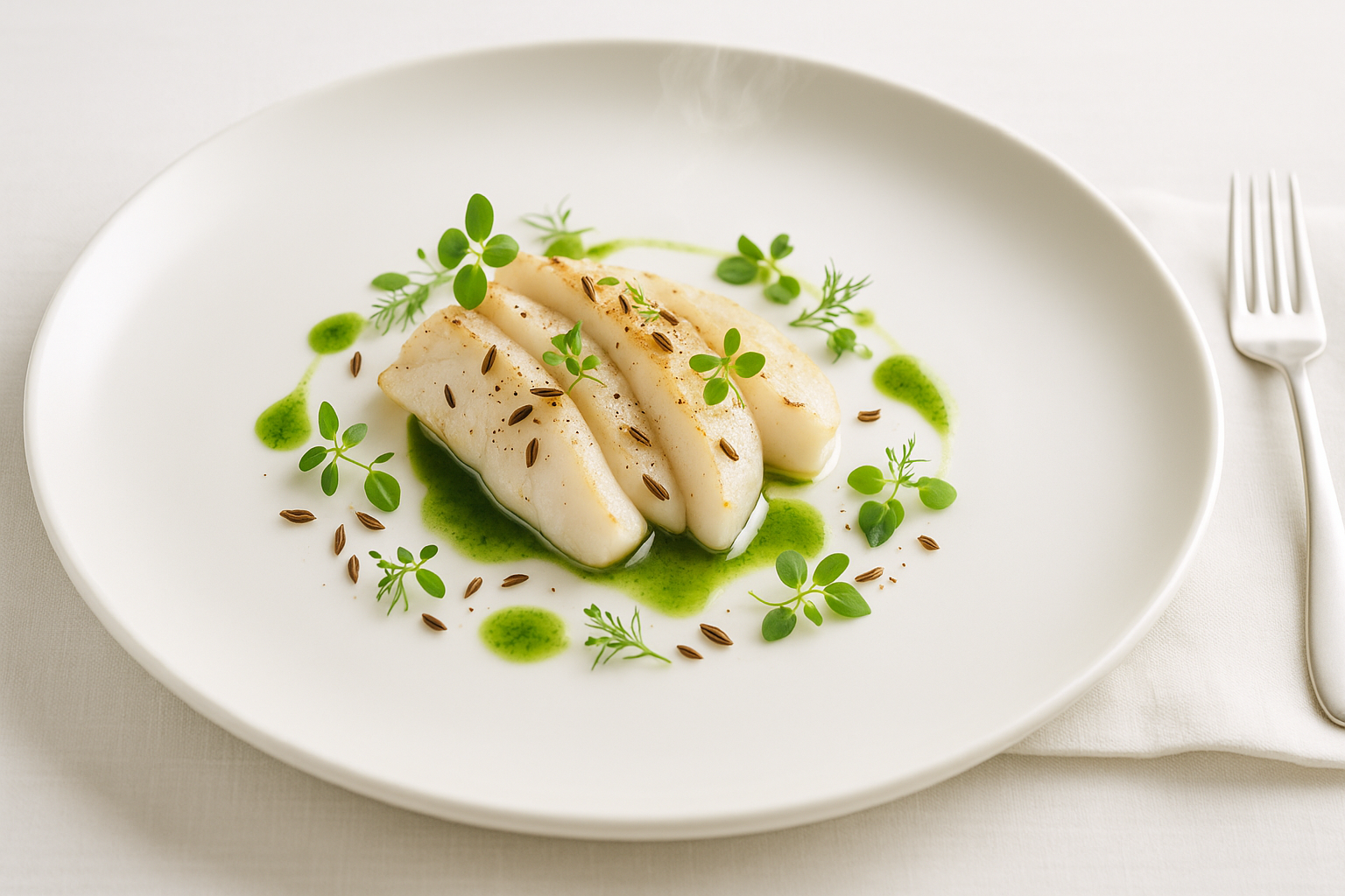 Moderne Gourmetkreation mit Kümmel aromatisiert